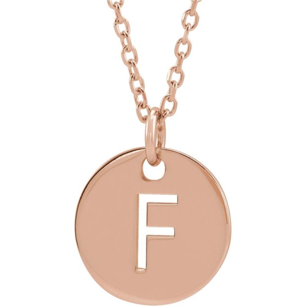 14k Rose Gold Initial F, Small 10mm Pierced Disc Necklace, 16-18 Inch